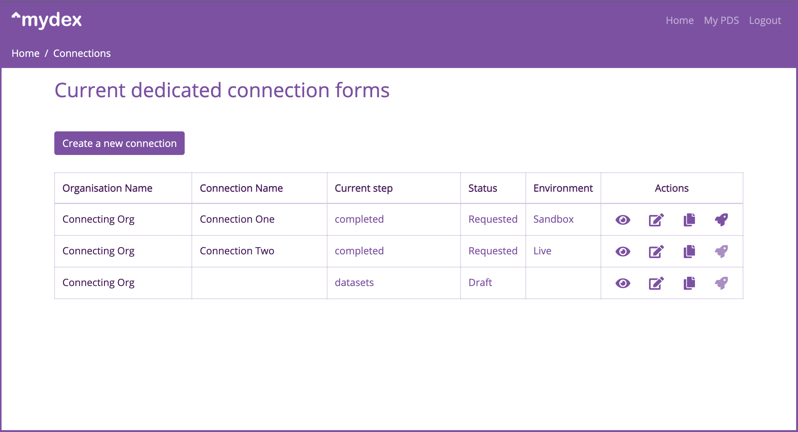 screenshot of manage existing connections page