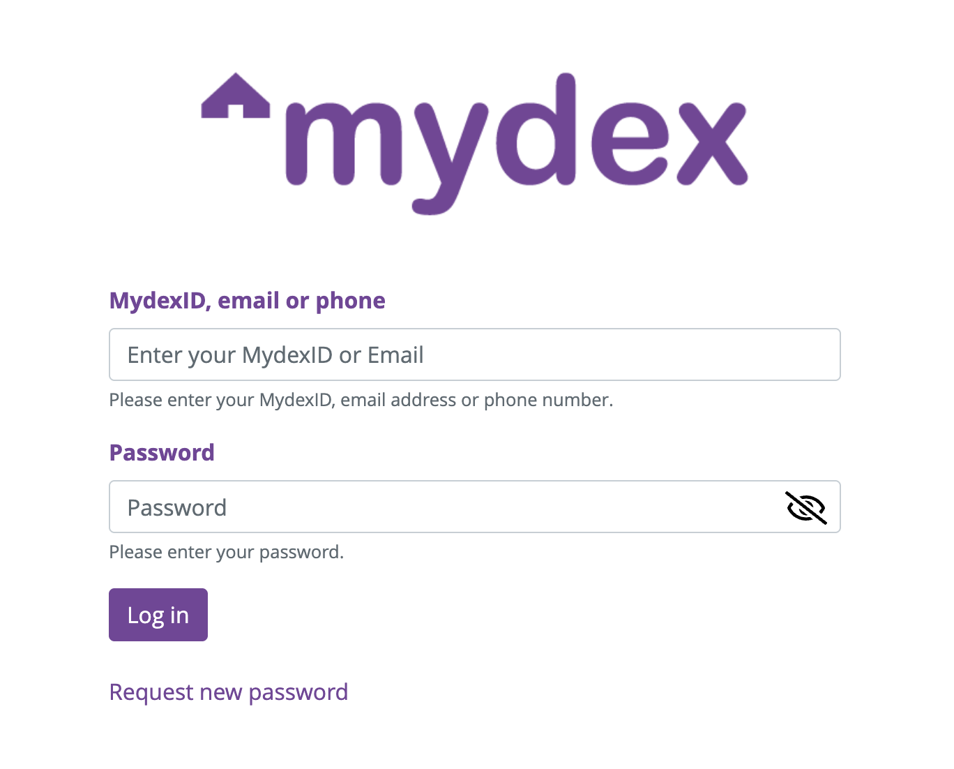 Mydex Member login page