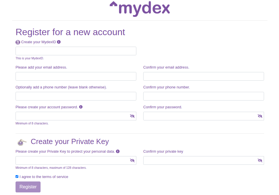 Mydex OIDC Registration form